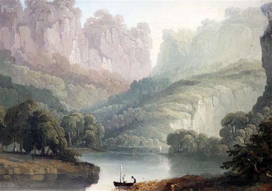 Early 19th century English School Anglers in river landscapes, 12 x 16.5in., ornate gesso frames